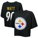 T.J. Watt Pittsburgh Steelers Majestic Threads Women's Swarovski Crystals Boxy Cropped Name & Number T-Shirt Black | NFL