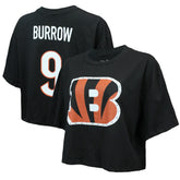 Joe Burrow Cincinnati Bengals Majestic Threads Women's Swarovski Crystals Boxy Cropped Name & Number T-Shirt Black | NFL