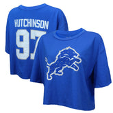 Aidan Hutchinson Detroit Lions Majestic Threads Women's Swarovski Crystals Boxy Cropped Name & Number T-Shirt Blue | NFL