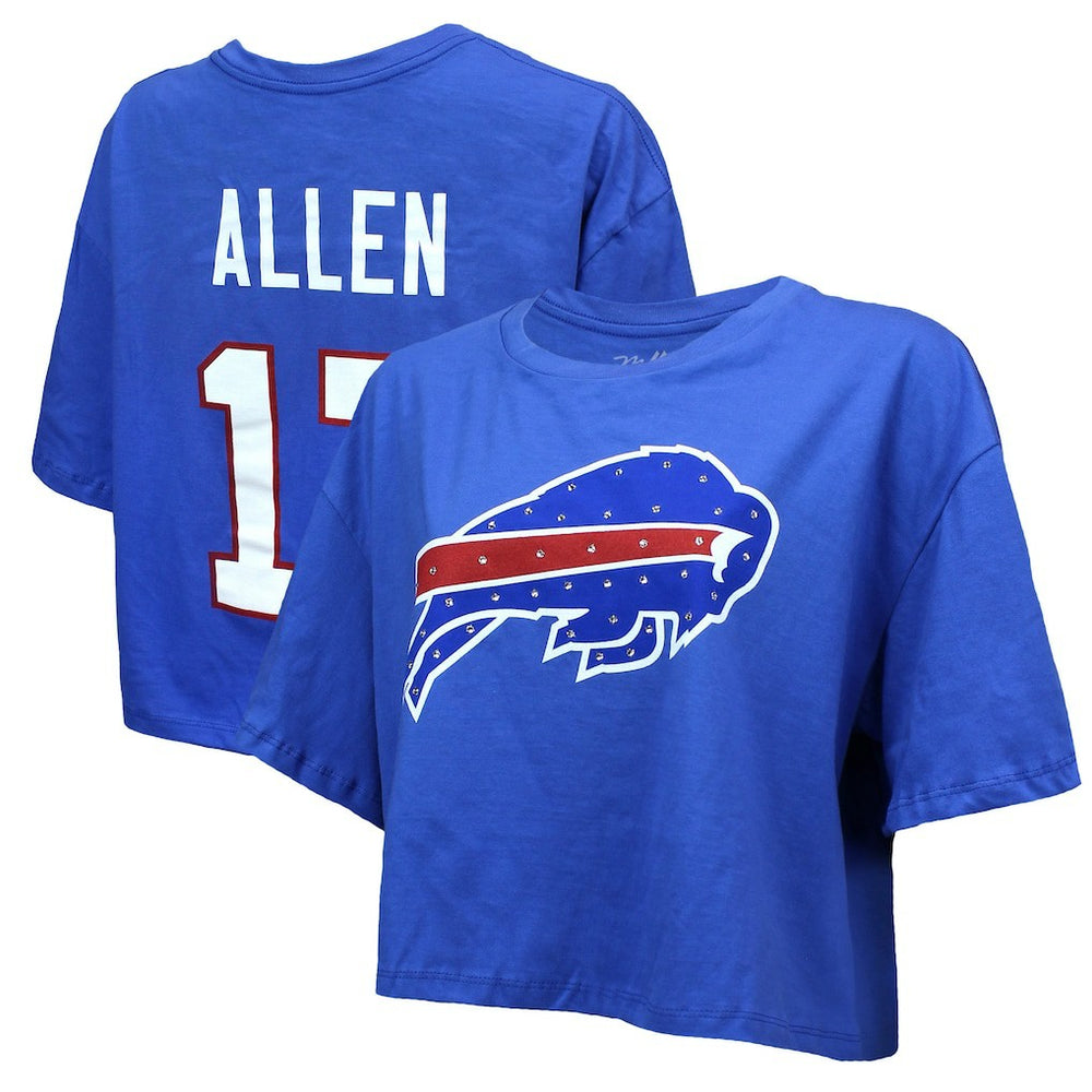 Josh Allen Buffalo Bills Majestic Threads Women's Swarovski Crystals Boxy Cropped Name & Number T-Shirt Royal | NFL