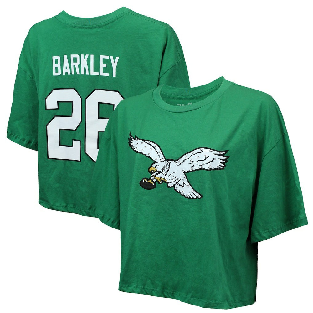 Saquon Barkley Philadelphia Eagles Majestic Threads Women's Swarovski Crystals Boxy Cropped Name & Number T-Shirt Kelly Green | NFL