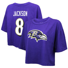 Lamar Jackson Baltimore Ravens Majestic Threads Women's Swarovski Crystals Boxy Cropped Name & Number T-Shirt Purple | NFL