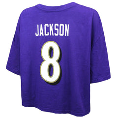 Lamar Jackson Baltimore Ravens Majestic Threads Women's Swarovski Crystals Boxy Cropped Name & Number T-Shirt Purple | NFL