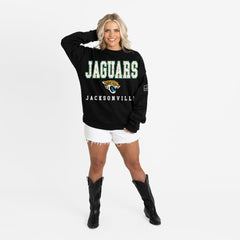 Jacksonville Jaguars Gameday Couture Women's Oversized Level Up Black Label Premium Fleece Sweatshirt Black | NFL