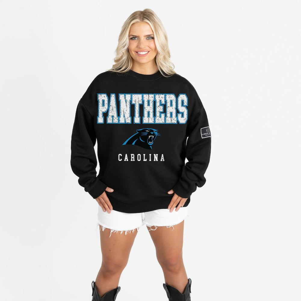 Carolina Panthers Gameday Couture Women's Oversized Level Up Black Label Premium Fleece Sweatshirt Black | NFL