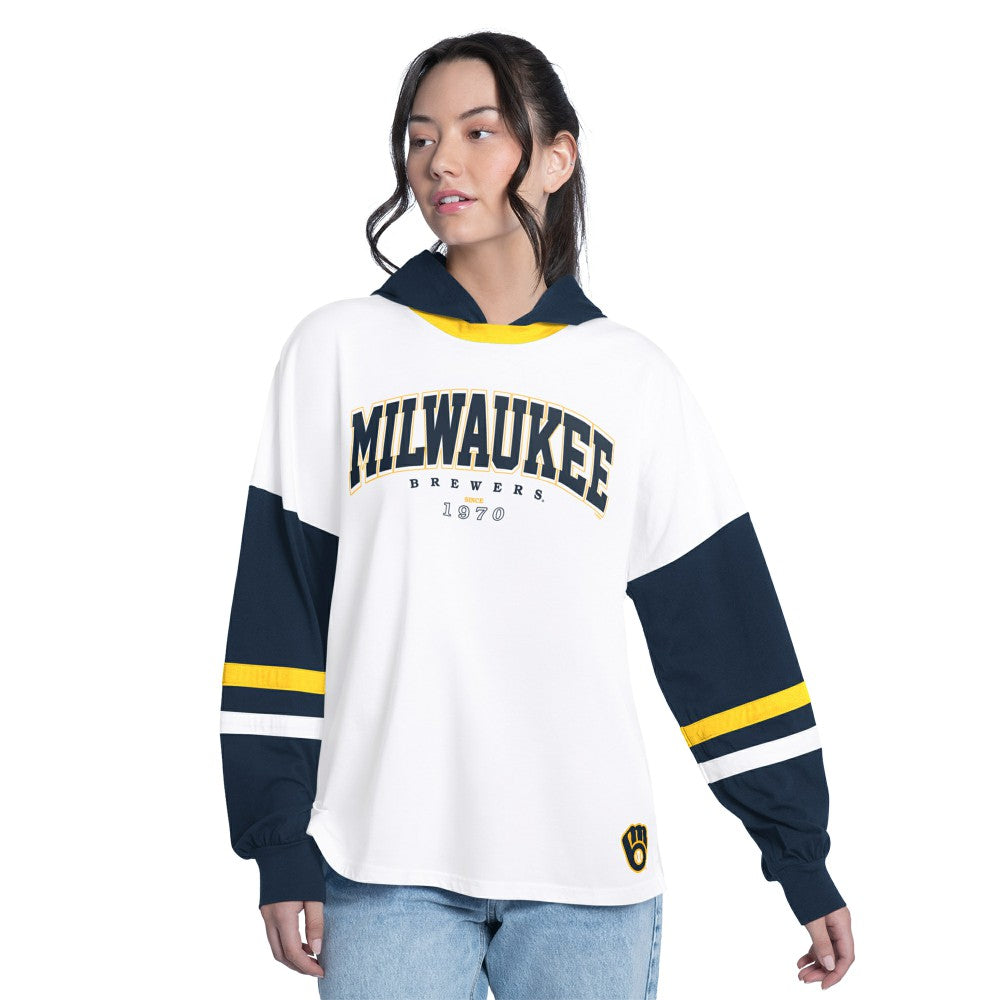 Milwaukee Brewers G-III 4Her by Carl Banks Women's Key Player Oversized Hooded Long Sleeve T-Shirt - MLB