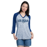 Los Angeles Dodgers G-III 4Her by Carl Banks Women's Speed Training 3/4-Sleeve Rhinestone V-Neck T-Shirt - MLB