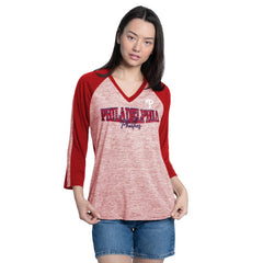 Philadelphia Phillies G-III 4Her by Carl Banks Women's Speed Training 3/4-Sleeve Rhinestone V-Neck T-Shirt - MLB