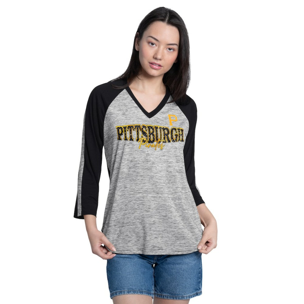Pittsburgh Pirates G-III 4Her by Carl Banks Women's Speed Training 3/4-Sleeve Rhinestone V-Neck T-Shirt - MLB