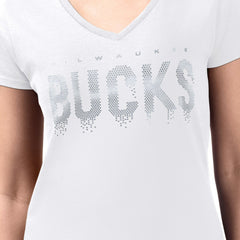 Milwaukee Bucks G-III 4Her by Carl Banks Women's Super-Slim-Fit Metallic Drop Lightweight V-Neck T-Shirt White - NBA