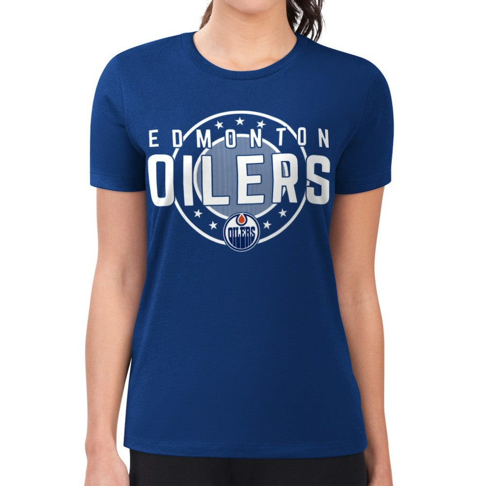 Edmonton Oilers G-III 4Her by Carl Banks Women's Super-Slim Lightweight Pinstripe Circle Graphic T-Shirt - Royal - NHL