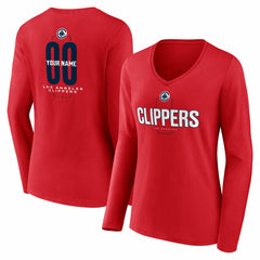 LA Clippers Women's Center Court Name & Number Custom Long Sleeve V-Neck T-Shirt Red - NBA