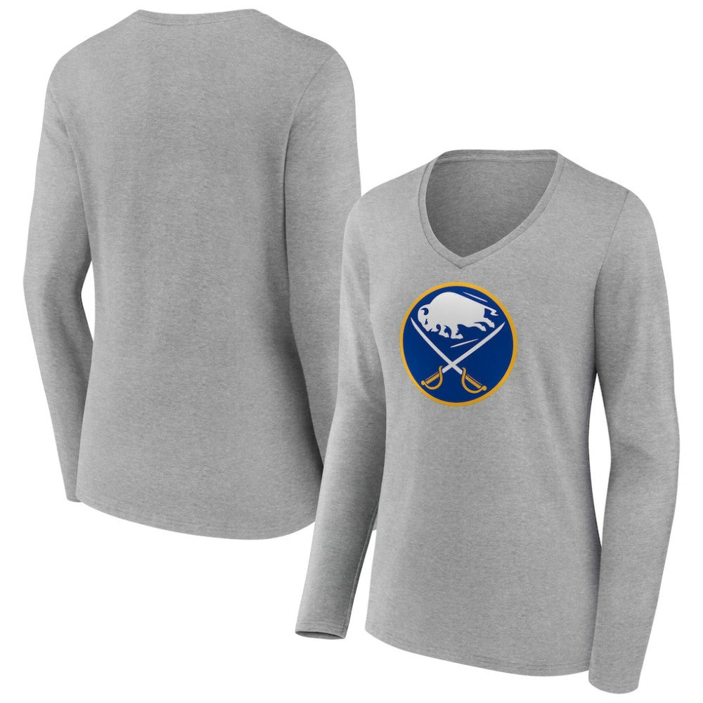 Buffalo Sabres Women's Primary Logo Long Sleeve V-Neck T-Shirt - Gray - NHL