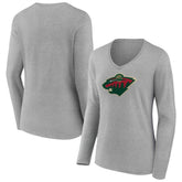 Minnesota Wild Women's Primary Logo Long Sleeve V-Neck T-Shirt - Gray - NHL