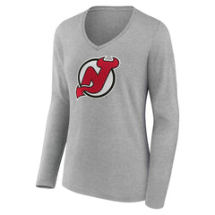 New Jersey Devils Women's Primary Logo Long Sleeve V-Neck T-Shirt - Gray - NHL