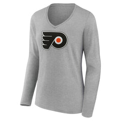 Philadelphia Flyers Women's Primary Logo Long Sleeve V-Neck T-Shirt - Gray - NHL