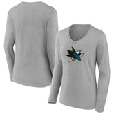 San Jose Sharks Women's Primary Logo Long Sleeve V-Neck T-Shirt - Gray - NHL