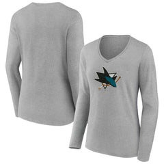 San Jose Sharks Women's Primary Logo Long Sleeve V-Neck T-Shirt - Gray - NHL