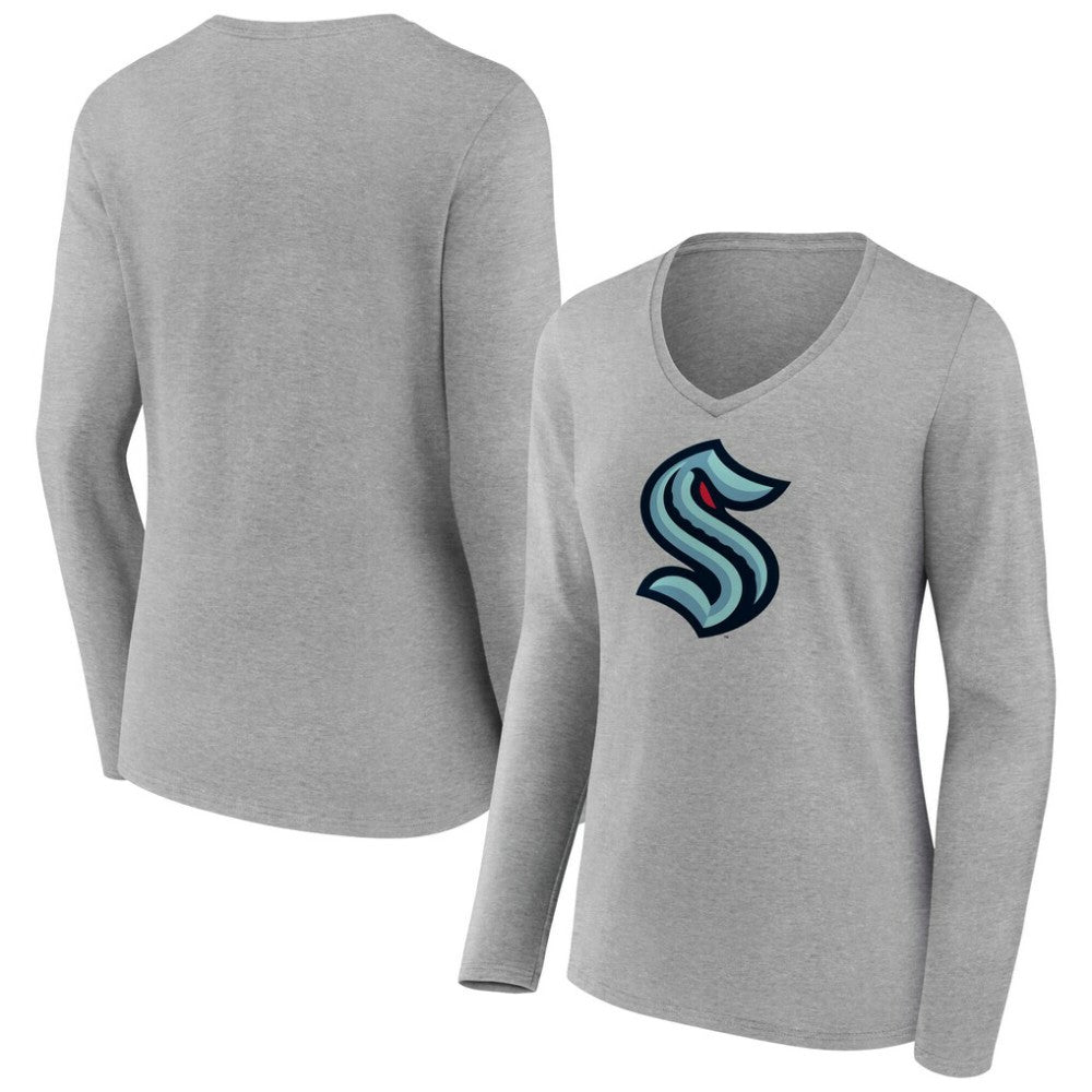 Seattle Kraken Women's Primary Logo Long Sleeve V-Neck T-Shirt - Gray - NHL