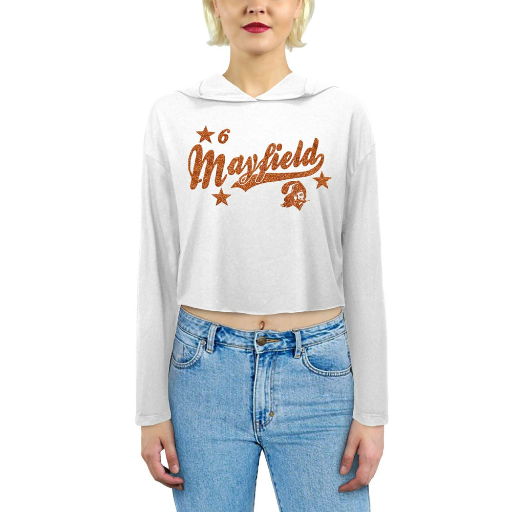Baker Mayfield Tampa Bay Buccaneers Majestic Threads Women's Glitter Wordmark Hoodie White | NFL