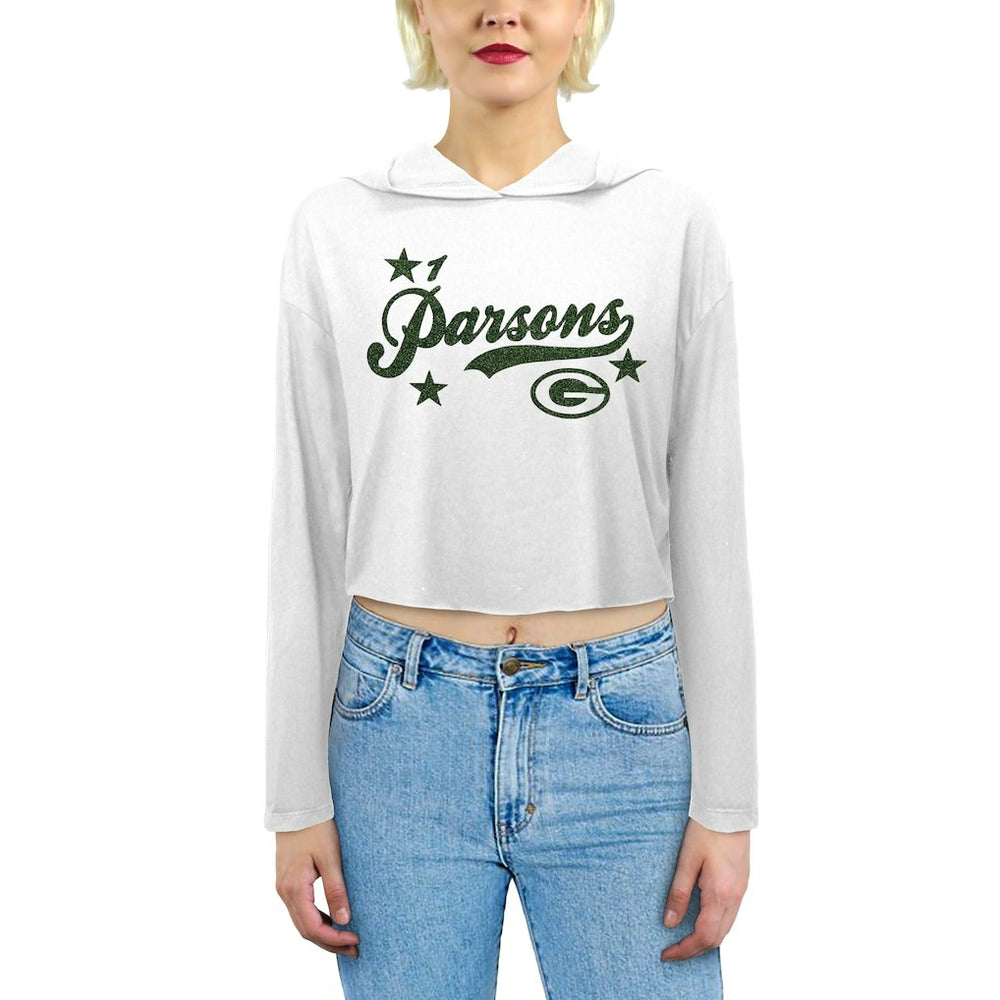 Micah Parsons Green Bay Packers Majestic Threads Women's Glitter Wordmark Hoodie White | NFL