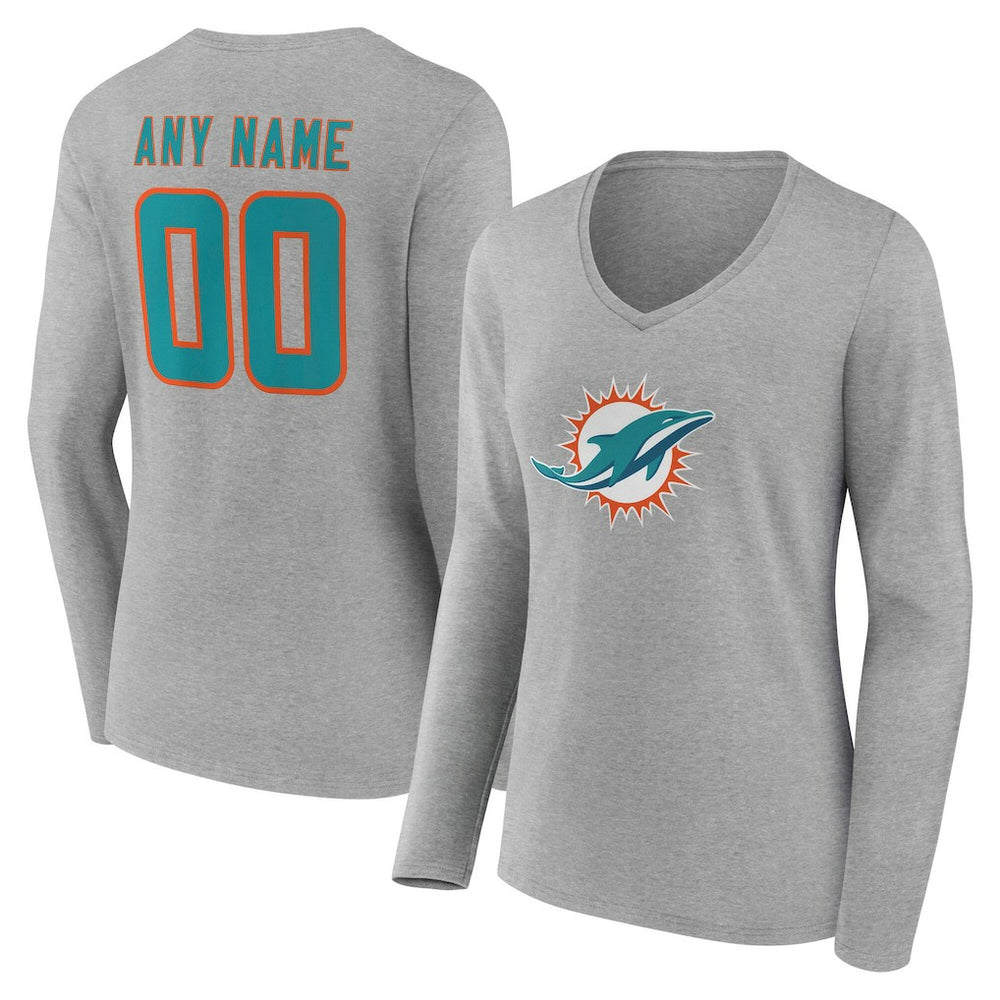 Miami Dolphins Women's Team Authentic Personalized Name & Number Long Sleeve V-Neck T-Shirt Gray | NFL