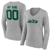 New York Jets Women's Team Authentic Personalized Name & Number Long Sleeve V-Neck T-Shirt Gray | NFL