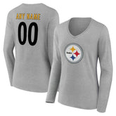 Pittsburgh Steelers Women's Team Authentic Personalized Name & Number Long Sleeve V-Neck T-Shirt Gray | NFL