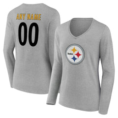Pittsburgh Steelers Women's Team Authentic Personalized Name & Number Long Sleeve V-Neck T-Shirt Gray | NFL