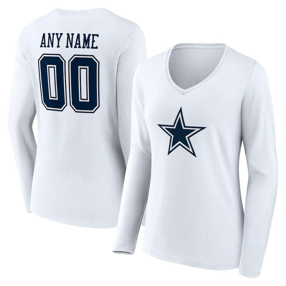 Dallas Cowboys Women's Team Authentic Personalized Name & Number Long Sleeve V-Neck T-Shirt White | NFL