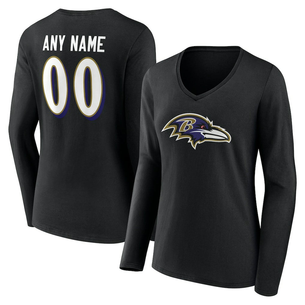 Baltimore Ravens Women's Team Authentic Personalized Name & Number Long Sleeve V-Neck T-Shirt Black | NFL
