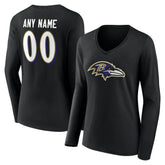 Baltimore Ravens Women's Team Authentic Personalized Name & Number Long Sleeve V-Neck T-Shirt Black | NFL
