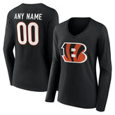 Cincinnati Bengals Women's Team Authentic Personalized Name & Number Long Sleeve V-Neck T-Shirt Black | NFL