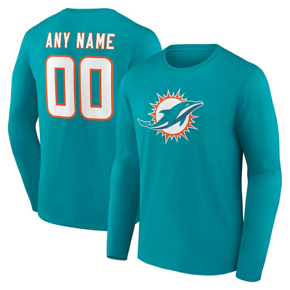 Miami Dolphins Team Authentic Personalized Name & Number Long Sleeve T-Shirt Aqua | NFL