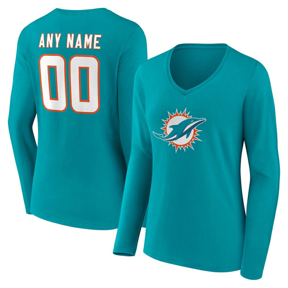 Miami Dolphins Women's Team Authentic Personalized Name & Number Long Sleeve V-Neck T-Shirt Aqua | NFL