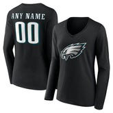 Philadelphia Eagles Women's Team Authentic Personalized Name & Number Long Sleeve V-Neck T-Shirt Black | NFL
