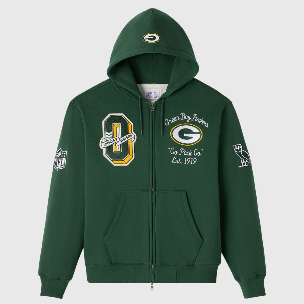 Green Bay Packers OVO x NFL Unisex Full-Zip Waffle-Lined Hoodie Green | NFL