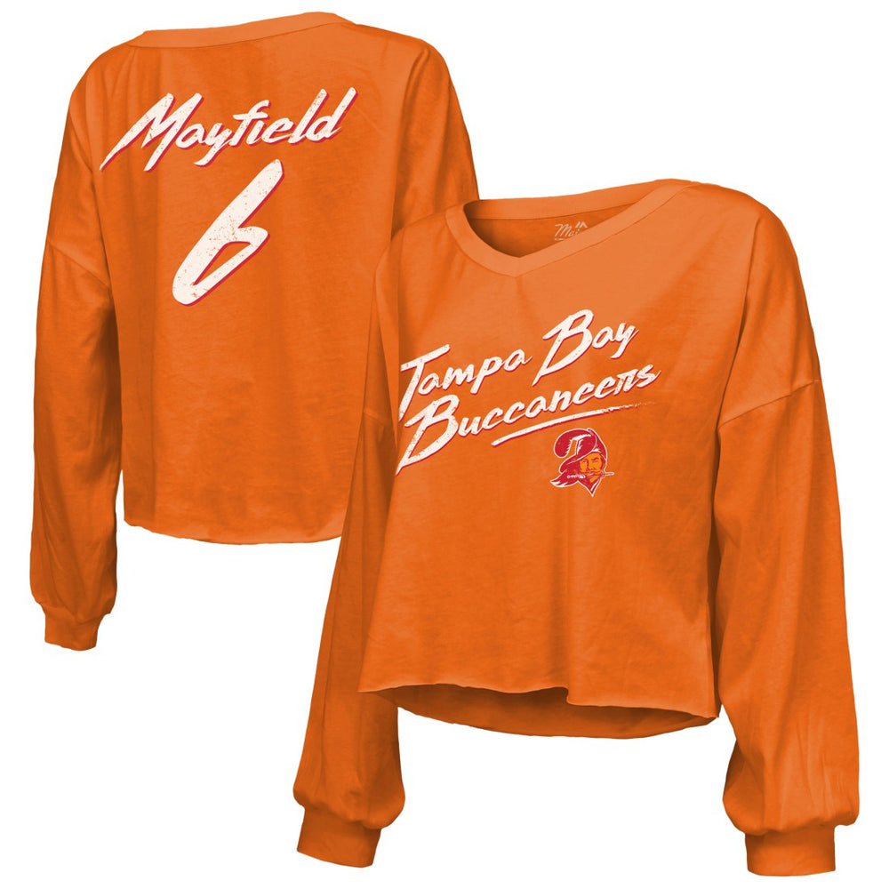 Baker Mayfield Tampa Bay Buccaneers Majestic Threads Women's Off-Shoulder Script Name & Number V-Neck T-Shirt Orange | NFL