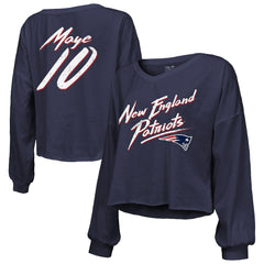Drake Maye New England Patriots Majestic Threads Women's Off-Shoulder Script Name & Number V-Neck T-Shirt Navy | NFL