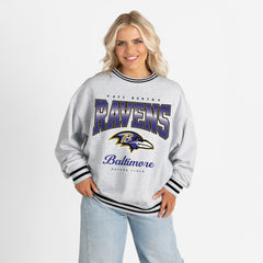 Baltimore Ravens Gameday Couture Women's Oversized Gridiron Drive Ringer Stripe Sweatshirt Ash/Black | NFL