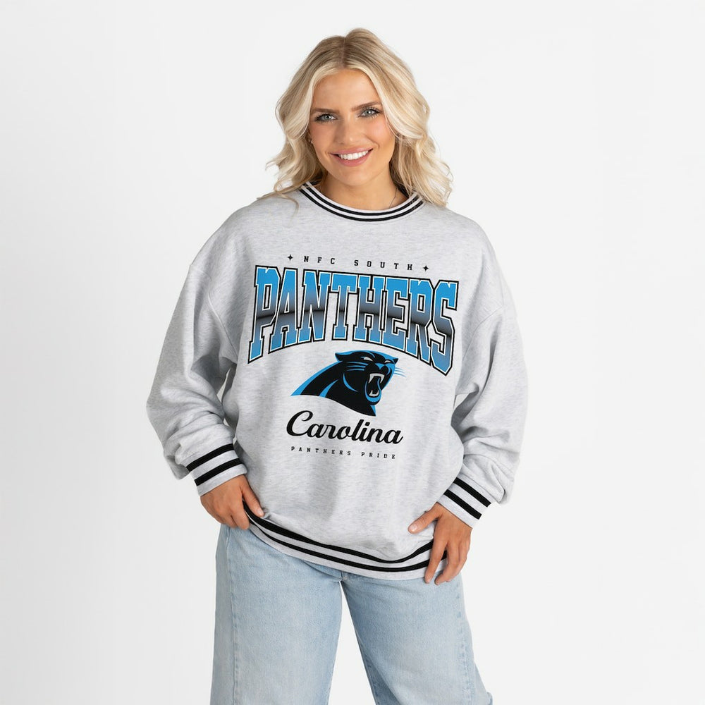 Carolina Panthers Gameday Couture Women's Oversized Gridiron Drive Ringer Stripe Sweatshirt Ash/Black | NFL