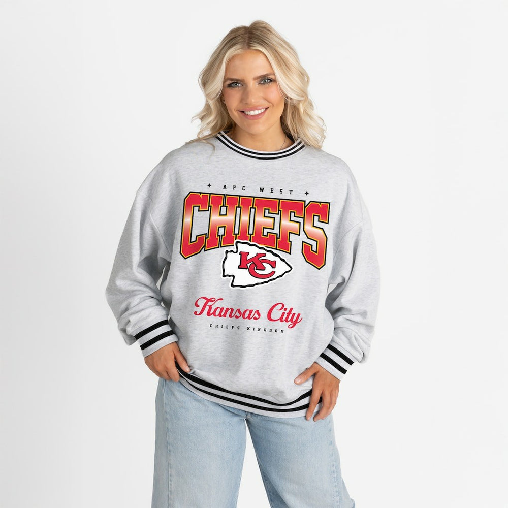 Kansas City Chiefs Gameday Couture Women's Oversized Gridiron Drive Ringer Stripe Sweatshirt Ash/Black | NFL