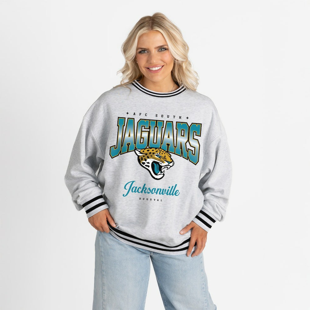 Jacksonville Jaguars Gameday Couture Women's Oversized Gridiron Drive Ringer Stripe Sweatshirt Ash/Black | NFL