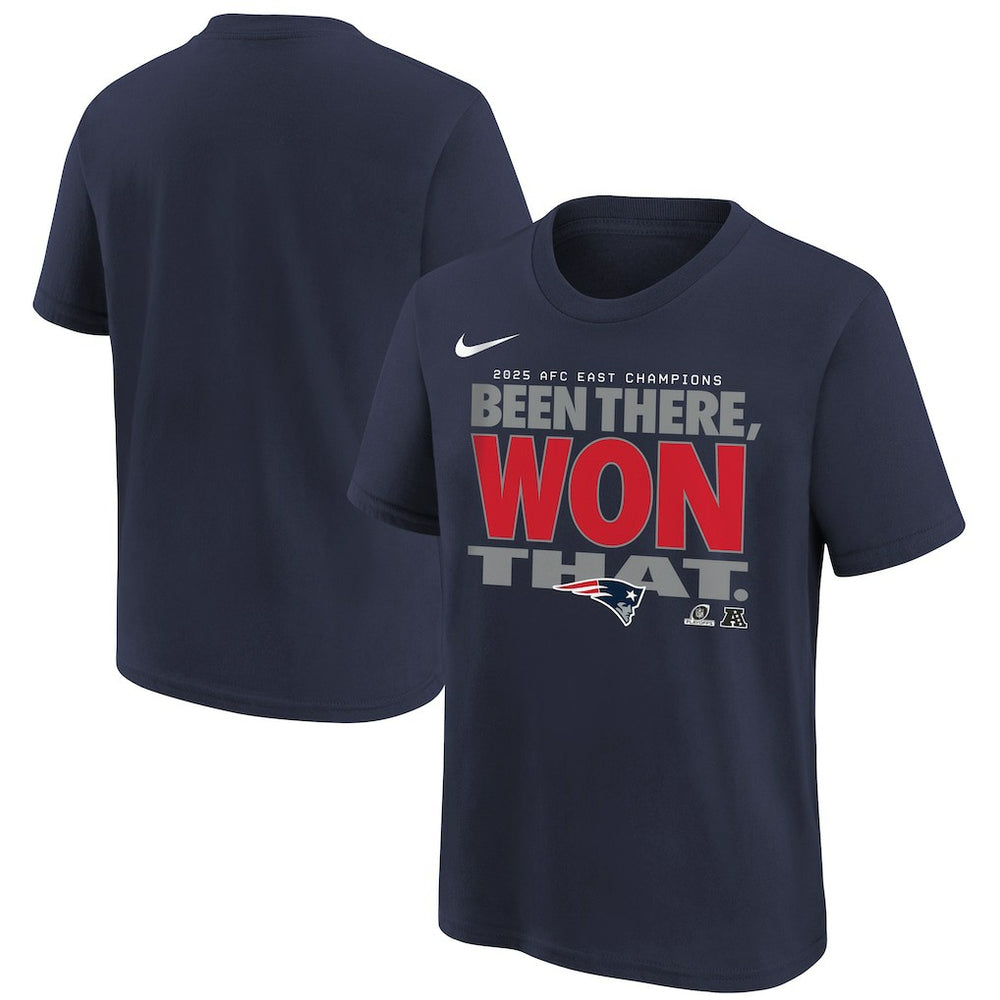 New England Patriots Youth 2025 AFC East Division Champions Locker Room Trophy Collection T-Shirt Navy | Nike for Sale
