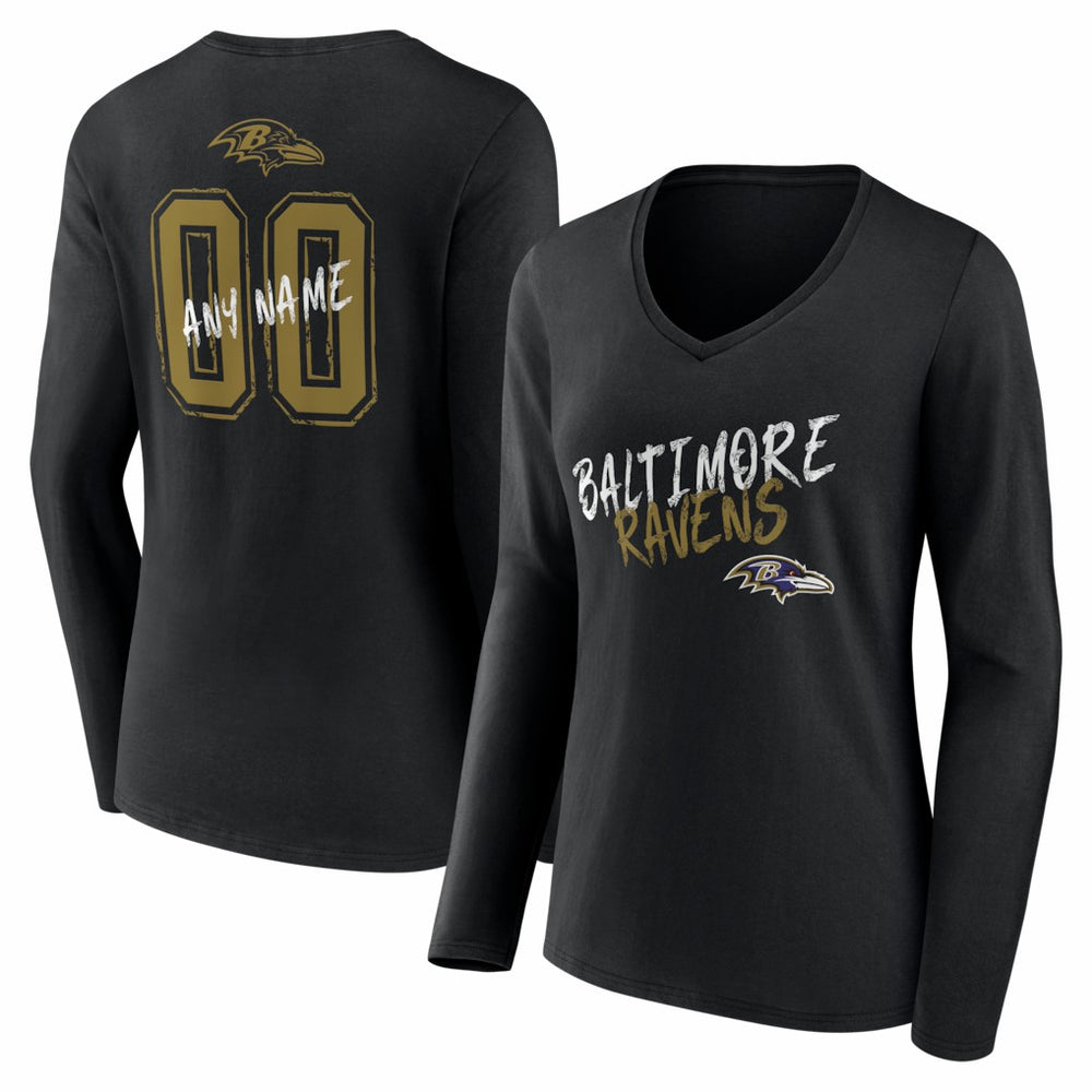 Baltimore Ravens Women's Hustle Personalized Name & Number Long Sleeve V-Neck T-Shirt Black | NFL