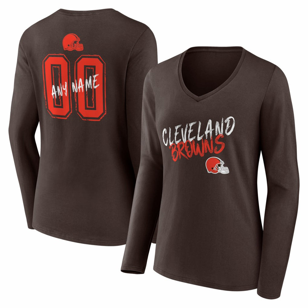 Cleveland Browns Women's Hustle Personalized Name & Number Long Sleeve V-Neck T-Shirt Brown | NFL
