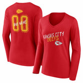 Kansas City Chiefs Women's Hustle Personalized Name & Number Long Sleeve V-Neck T-Shirt Red | NFL