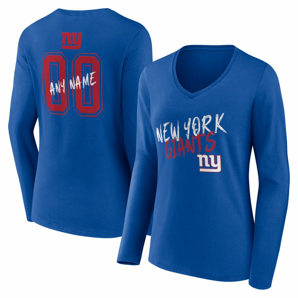 New York Giants Women's Hustle Personalized Name & Number Long Sleeve V-Neck T-Shirt Royal | NFL
