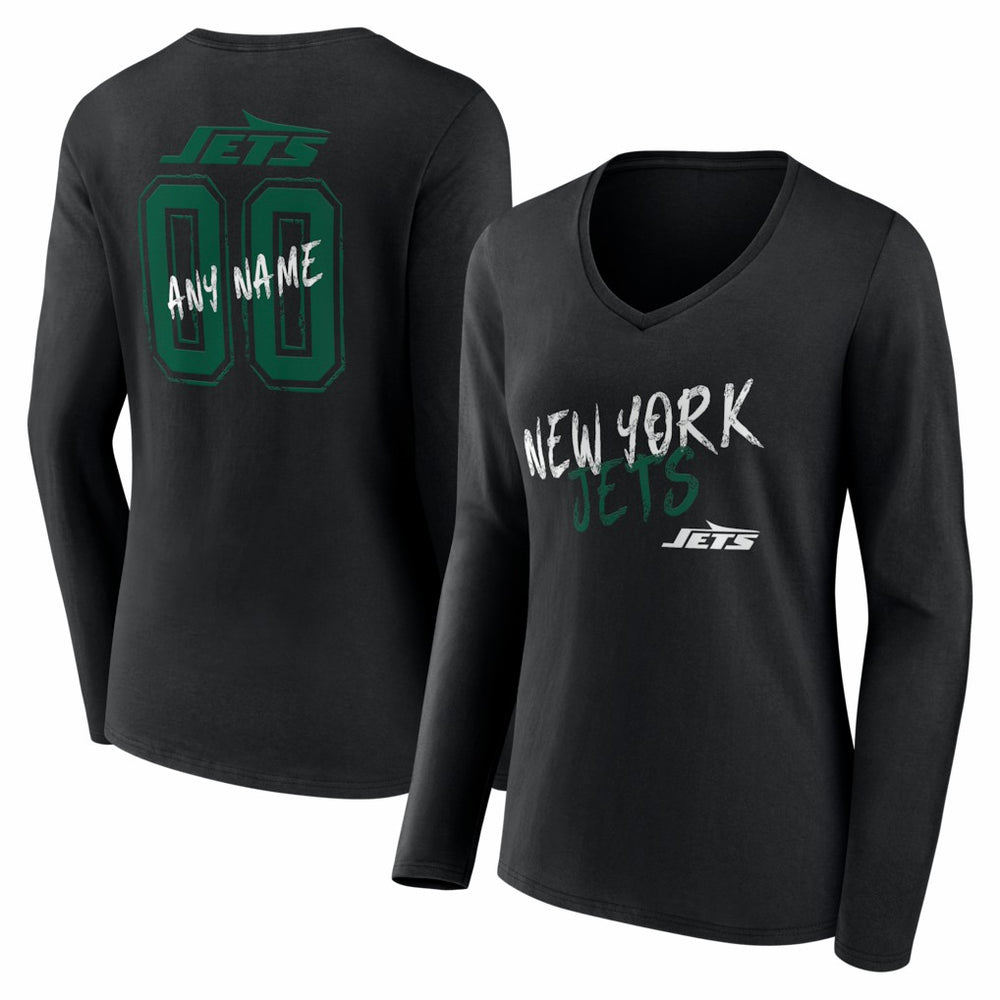 New York Jets Women's Hustle Personalized Name & Number Long Sleeve V-Neck T-Shirt Black | NFL