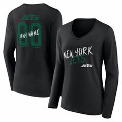 New York Jets Women's Hustle Personalized Name & Number Long Sleeve V-Neck T-Shirt Black | NFL